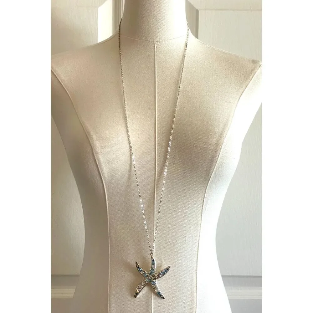 Long Silver Tone Necklace with a Starfish Pendant